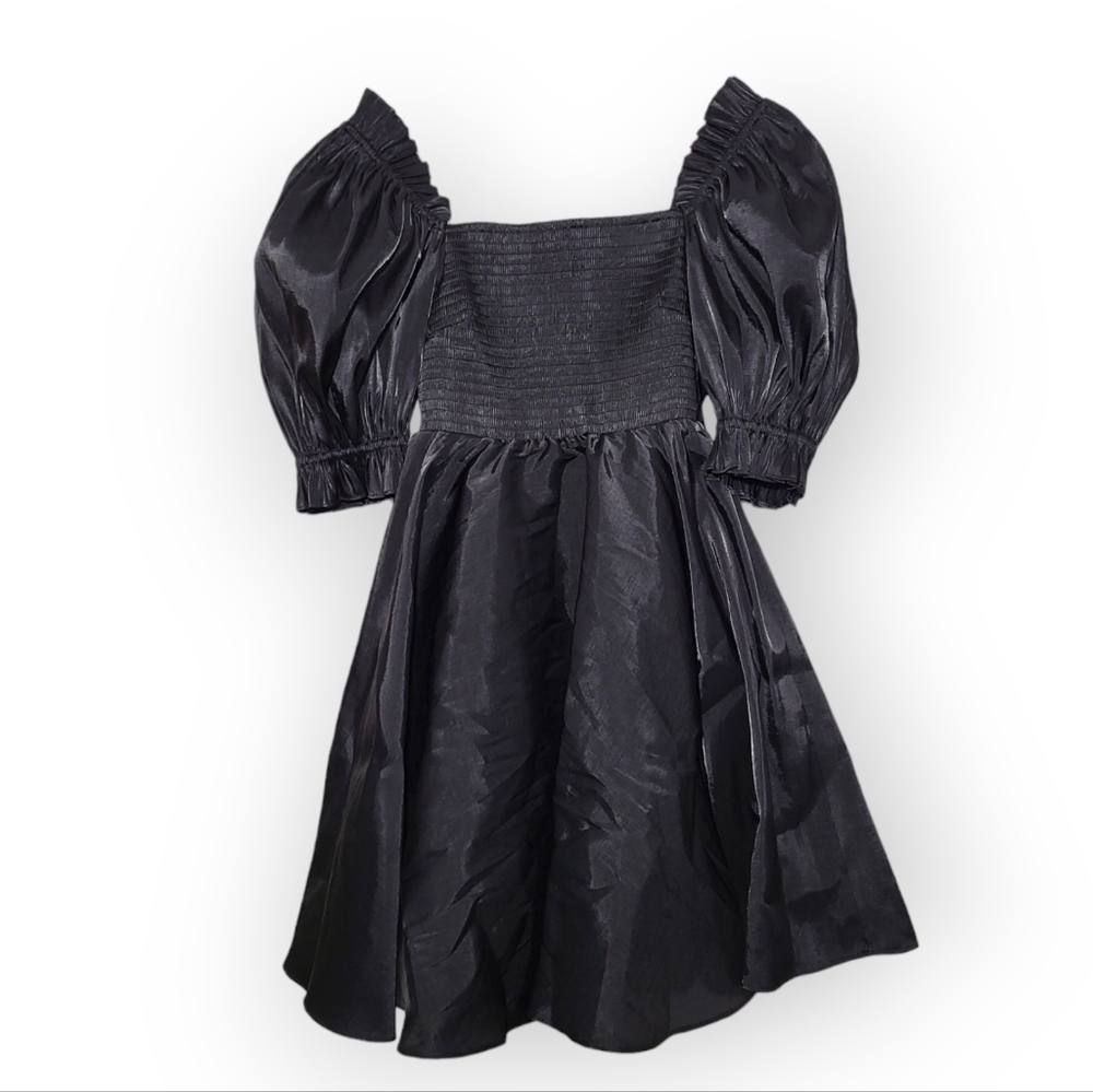 SELKIE Maria Mini Dress in Black Puff Sleeve Smock Babydoll Dress Medium